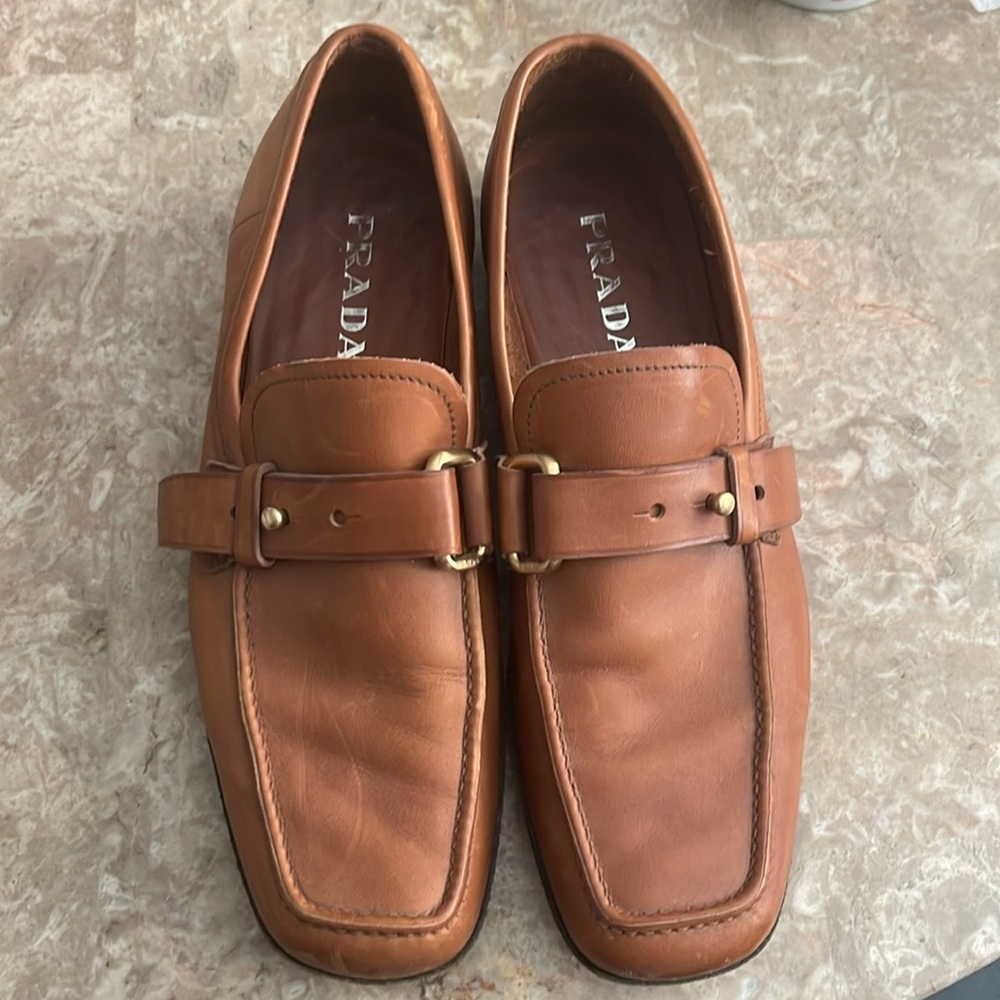 Prada Men’s Cognac Leather Slip On Loafers 8.5
